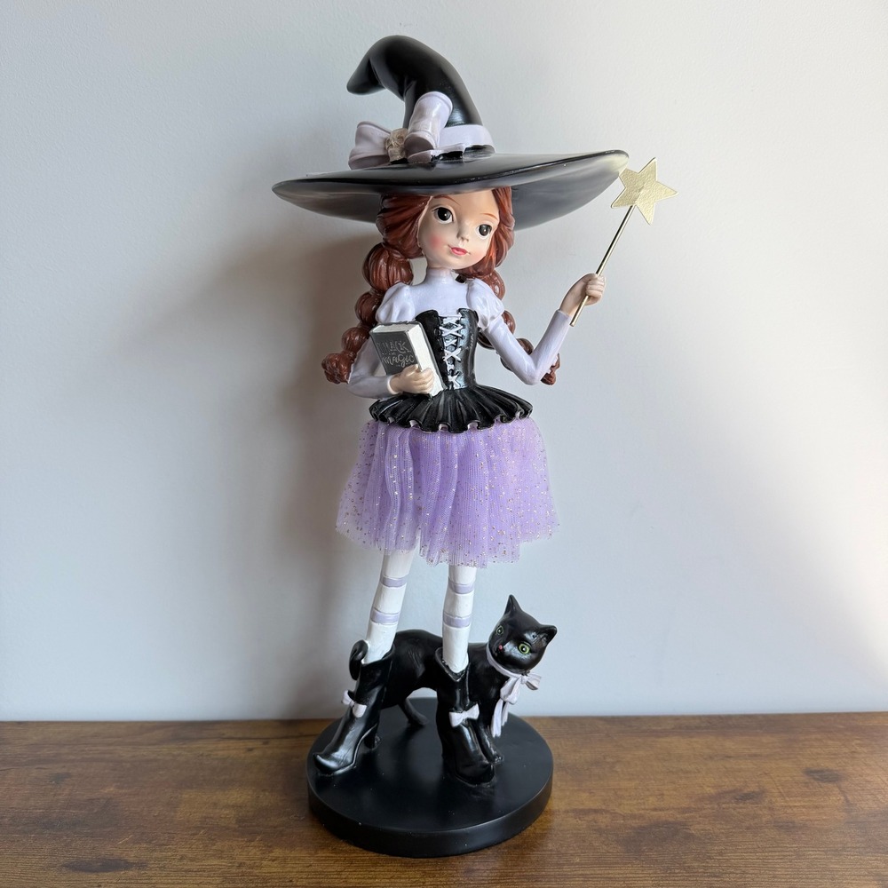 New 15" Witch Girl Black Cat Wand Book Figurine Black Purple Skull Halloween